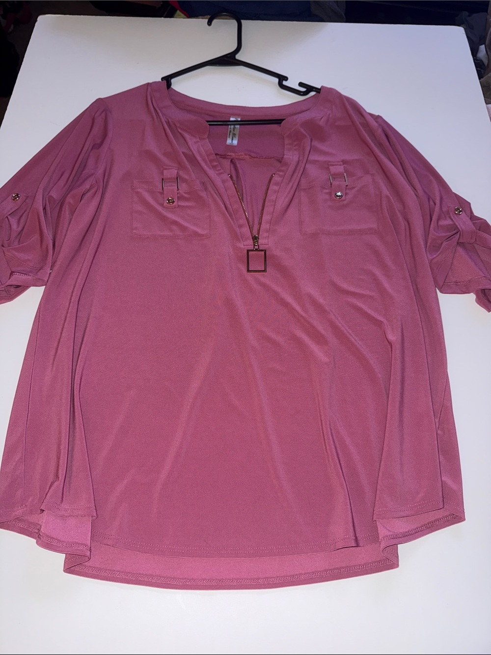 Perseption Dusty Rose Zip-Pocket Roll-Sleeve Blouse